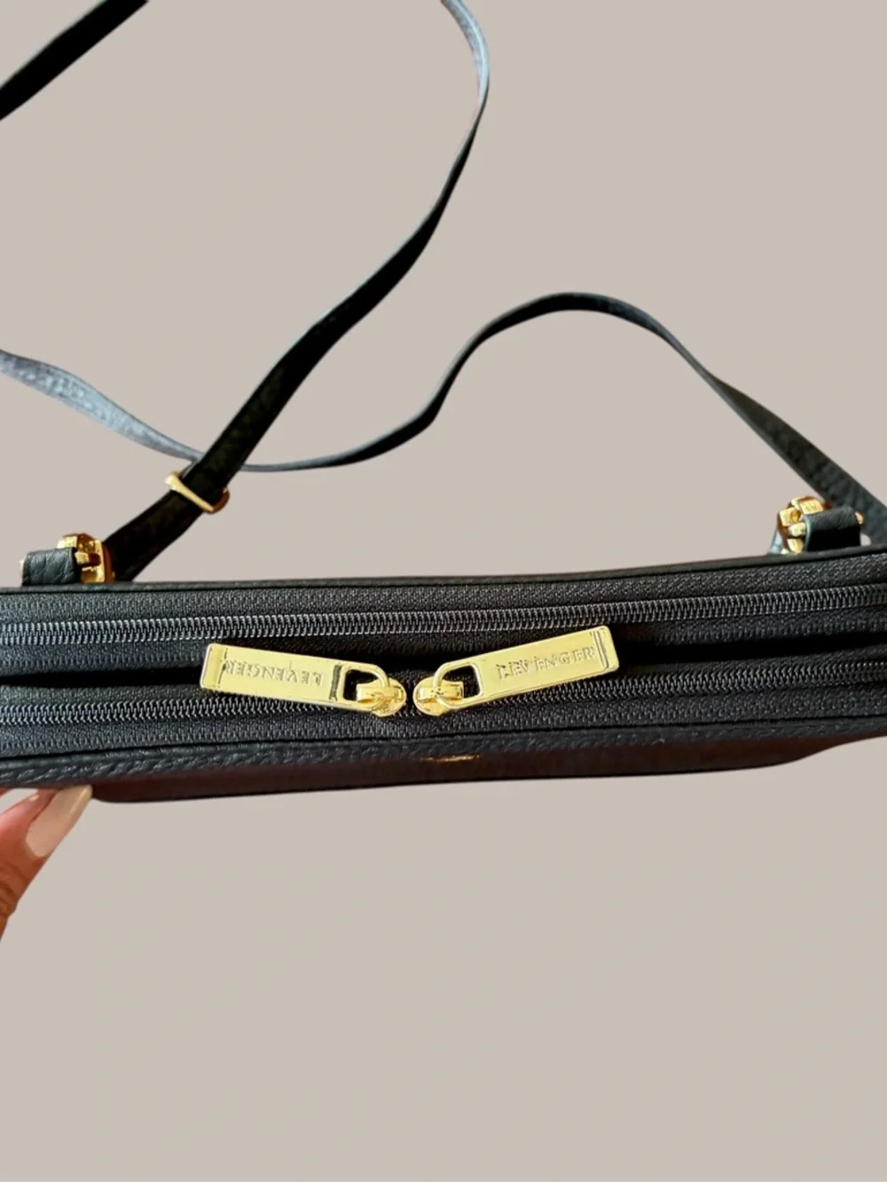Levenger Black Pebbled Leather Crossbody with Gold Hardware